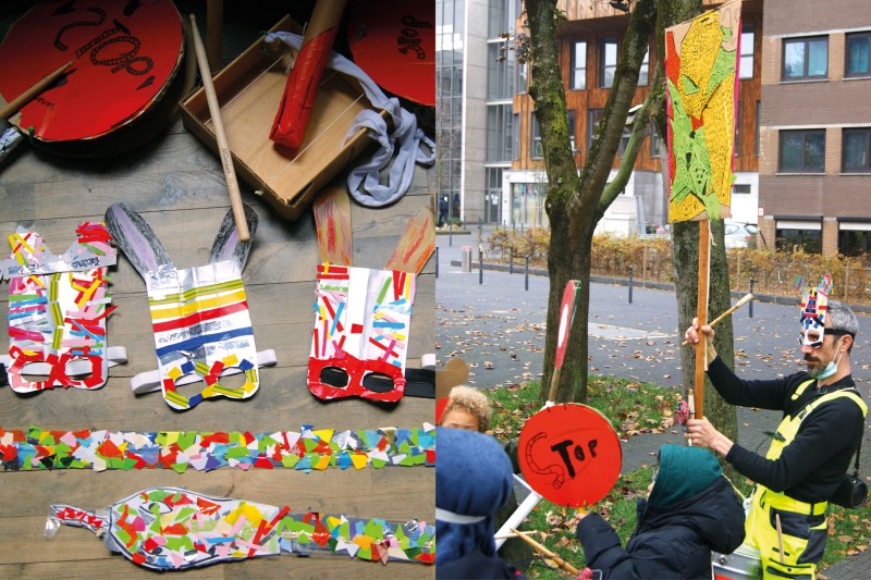 À gauche, un assemblage de masques et de panneaux de signalisation en carton. À droite, une image d'action où des enfants et un artiste marchent masqués dans la rue avec leurs panneaux de signalisation créés.