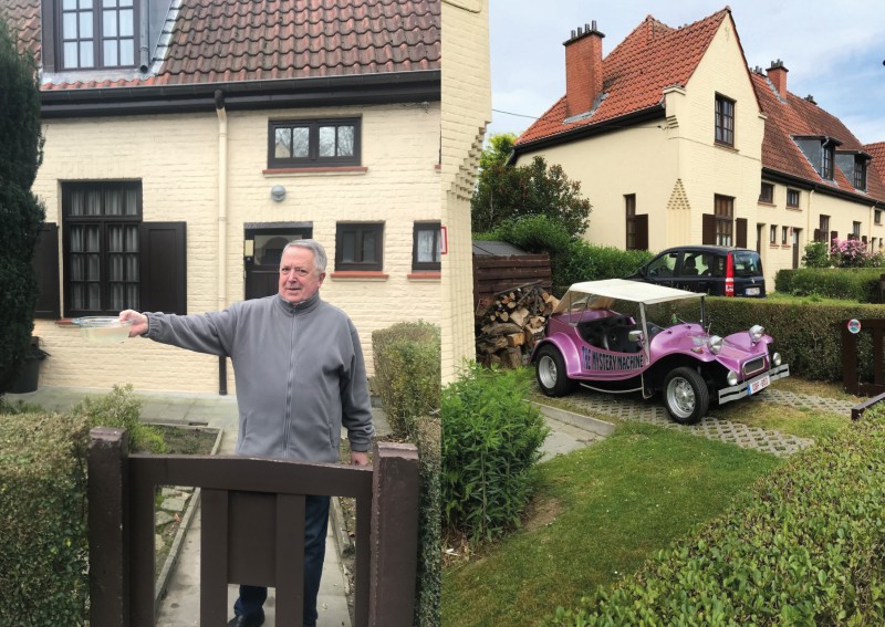 zicht op de tuinwijk, een bewoner met water en een roze auto