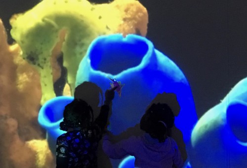 Kinderen staan in het blauwe licht van de projectie van een foto van aquarium met enorme vissen